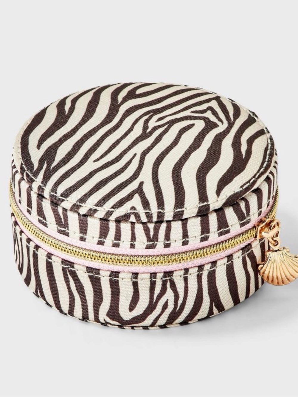 a new day Black & White Zebra Round Jewelry Case with Gold Shell Charm
